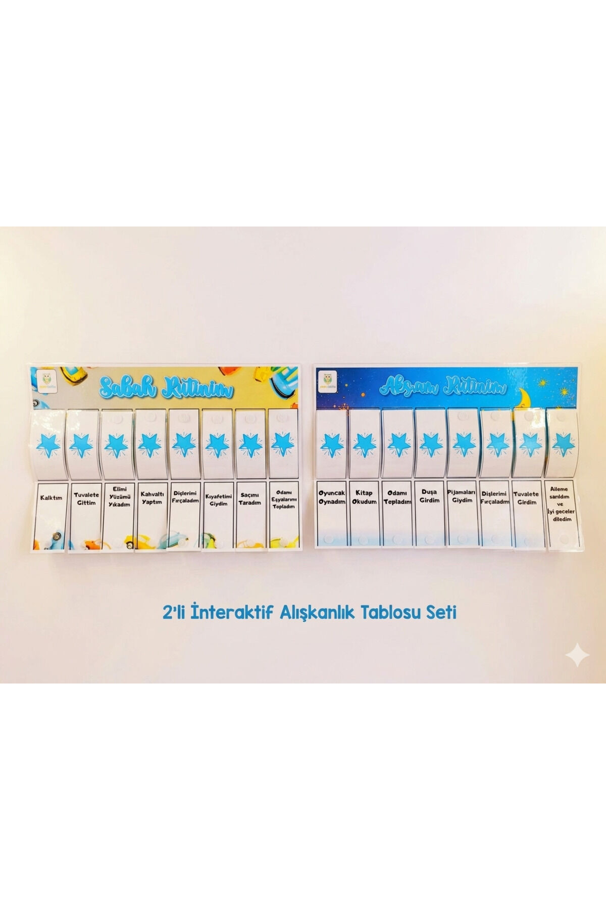 Erkek Çocuklar İçin İnteraktif Sabah ve Akşam Rutini Tablosu - Alışkanlık Takip Çizelgesi (2'li Set)